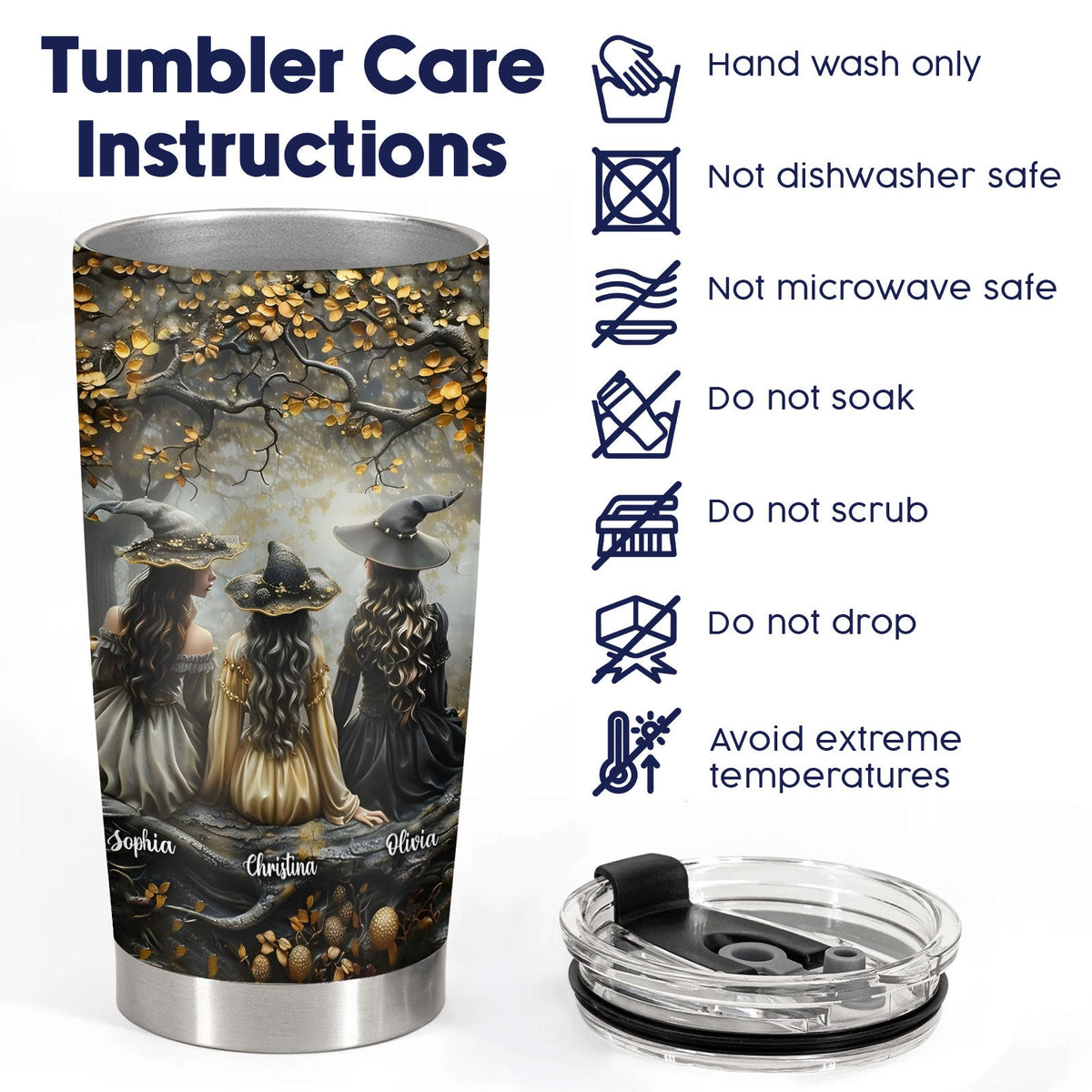365Gifty personalized witch tumbler with three witches and care instructions for hand wash only