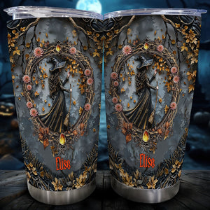 365Gifty personalized witch tumbler with autumn leaves and floral design featuring a witch silhouette and the name Elise