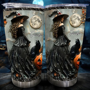 Personalized witch tumbler with a witch, black cat, pumpkin, full moon, and name Jennifer in Halloween theme