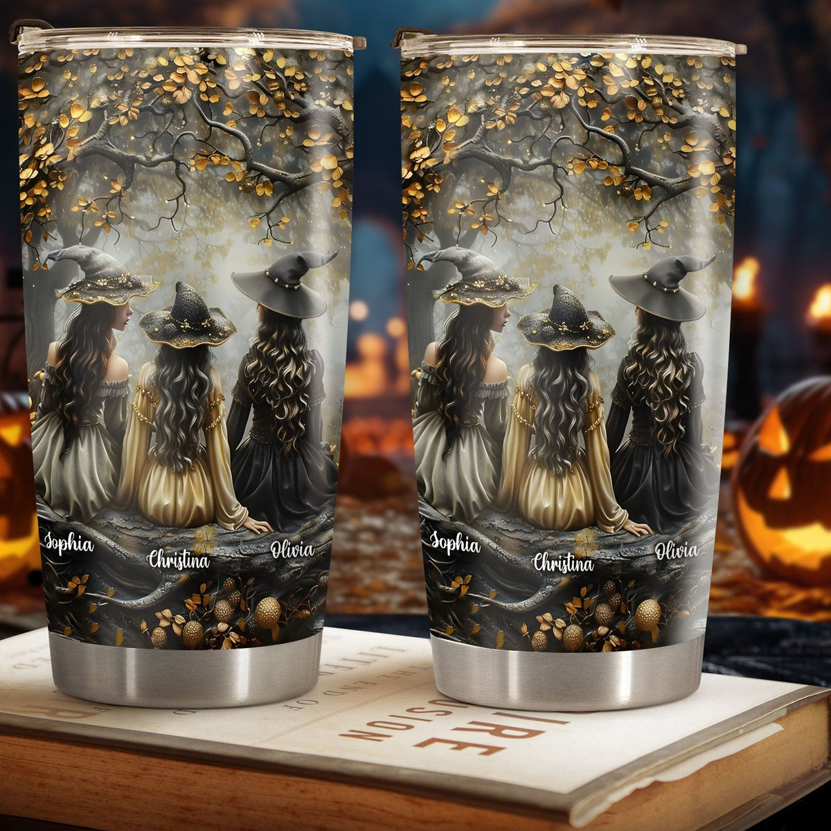 365Gifty personalized witch tumbler featuring three witches with names Sophia Christina Olivia in a fall forest scene