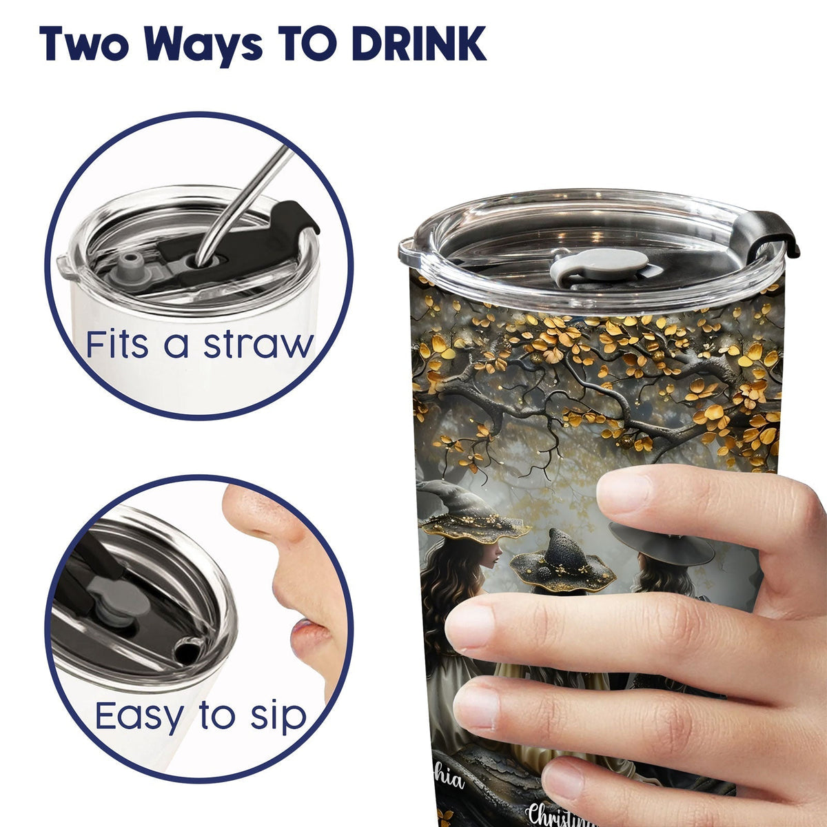 365Gifty personalized witch tumbler showing two ways to drink with straw or easy sip lid