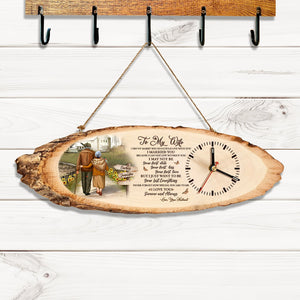 Personalized wooden clock for husband with romantic message and rustic wood slice design hanging on hook