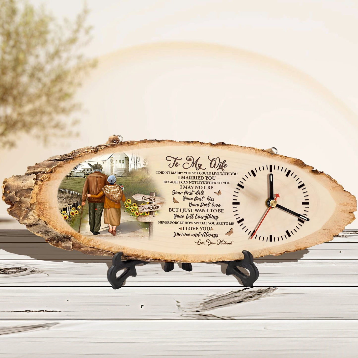 Personalized wooden clock for husband with romantic message and couple illustration on natural wood slice