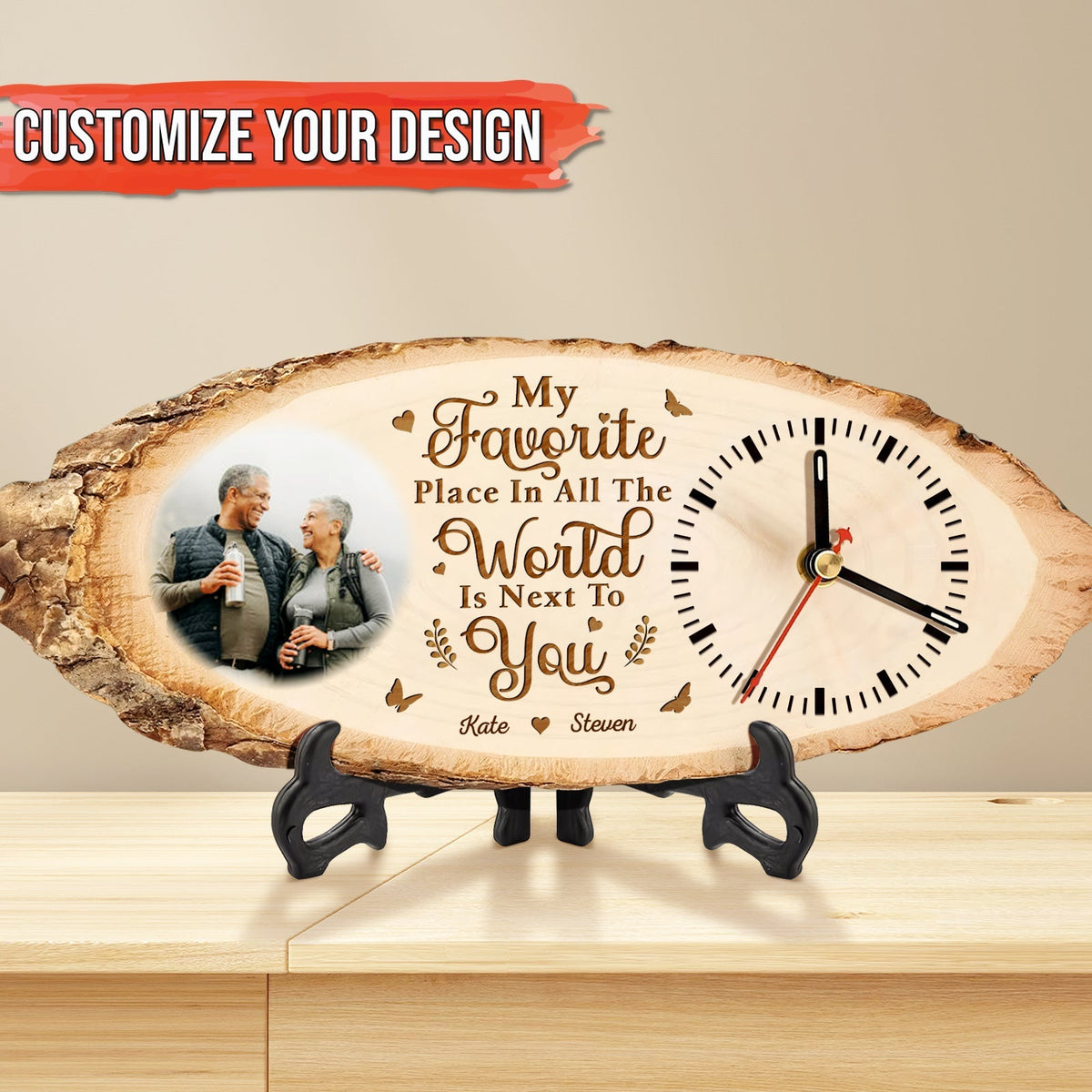 Personalized wooden couple clock with custom photo and romantic engraved message on natural wood