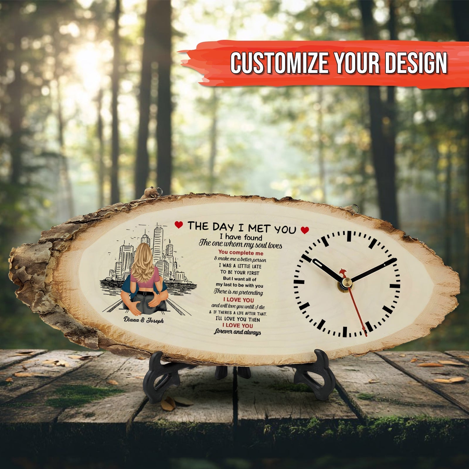 Personalized wooden couple clock with romantic poem and cityscape design on natural wood slice
