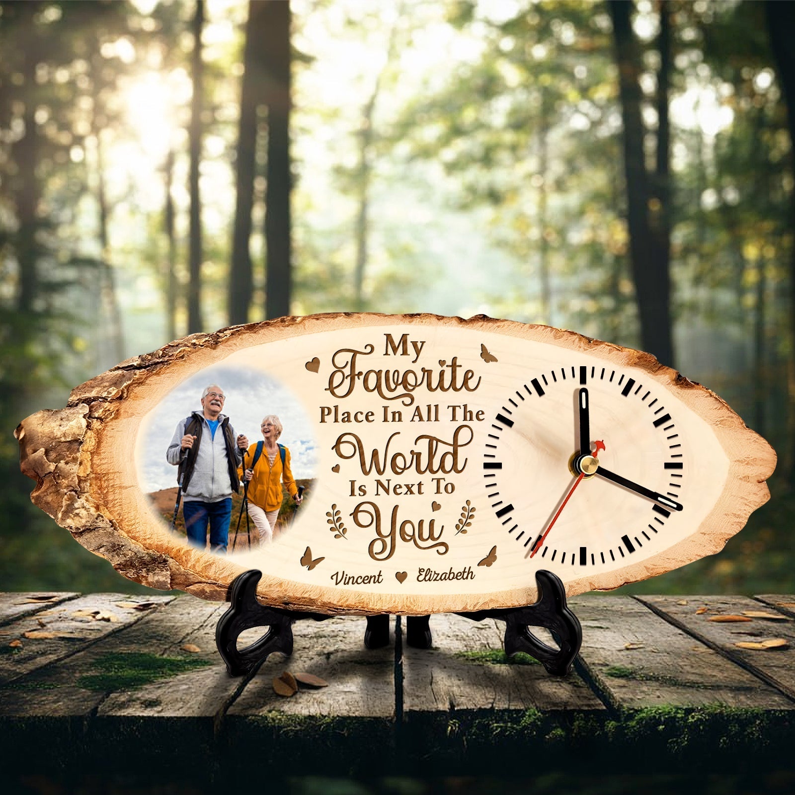 365Gifty personalized wooden couple clock with photo and engraved romantic message on natural wood slab
