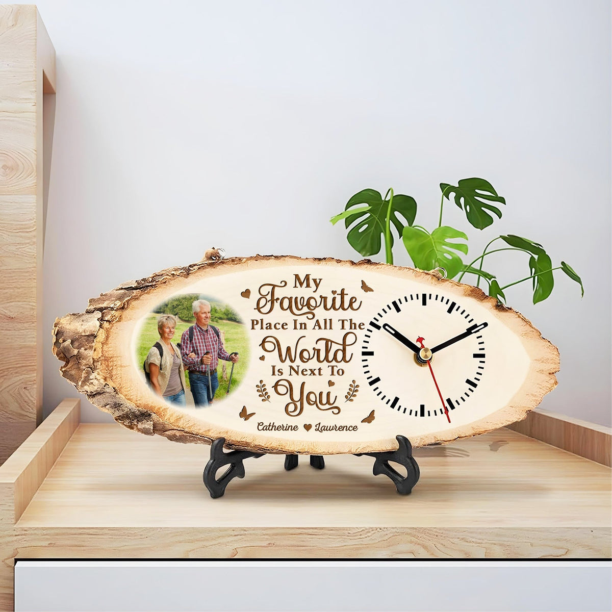 365Gifty personalized wooden couple clock with photo and romantic engraved message on natural wood slice