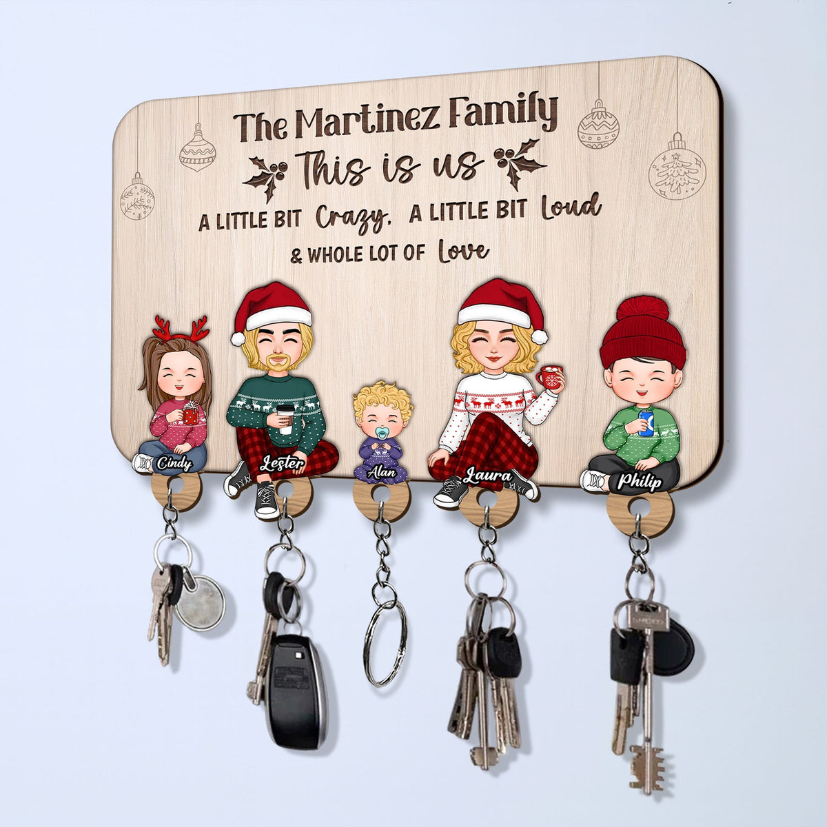 Personalized wooden key holder featuring family characters for a unique home decor solution