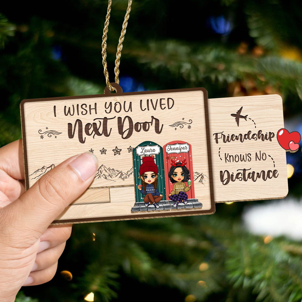Personalized wooden slider card ornament with a friendship theme for holiday gifting
