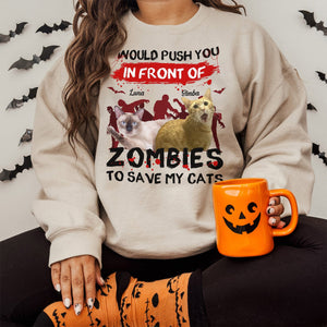 Personalized zombie pet shirt featuring two cats and humorous zombie-themed text
