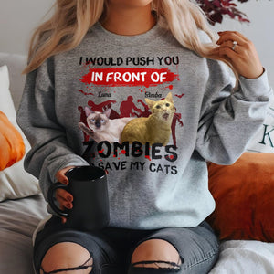 Personalized zombie pet shirt featuring graphics of two cats and a humorous zombie theme