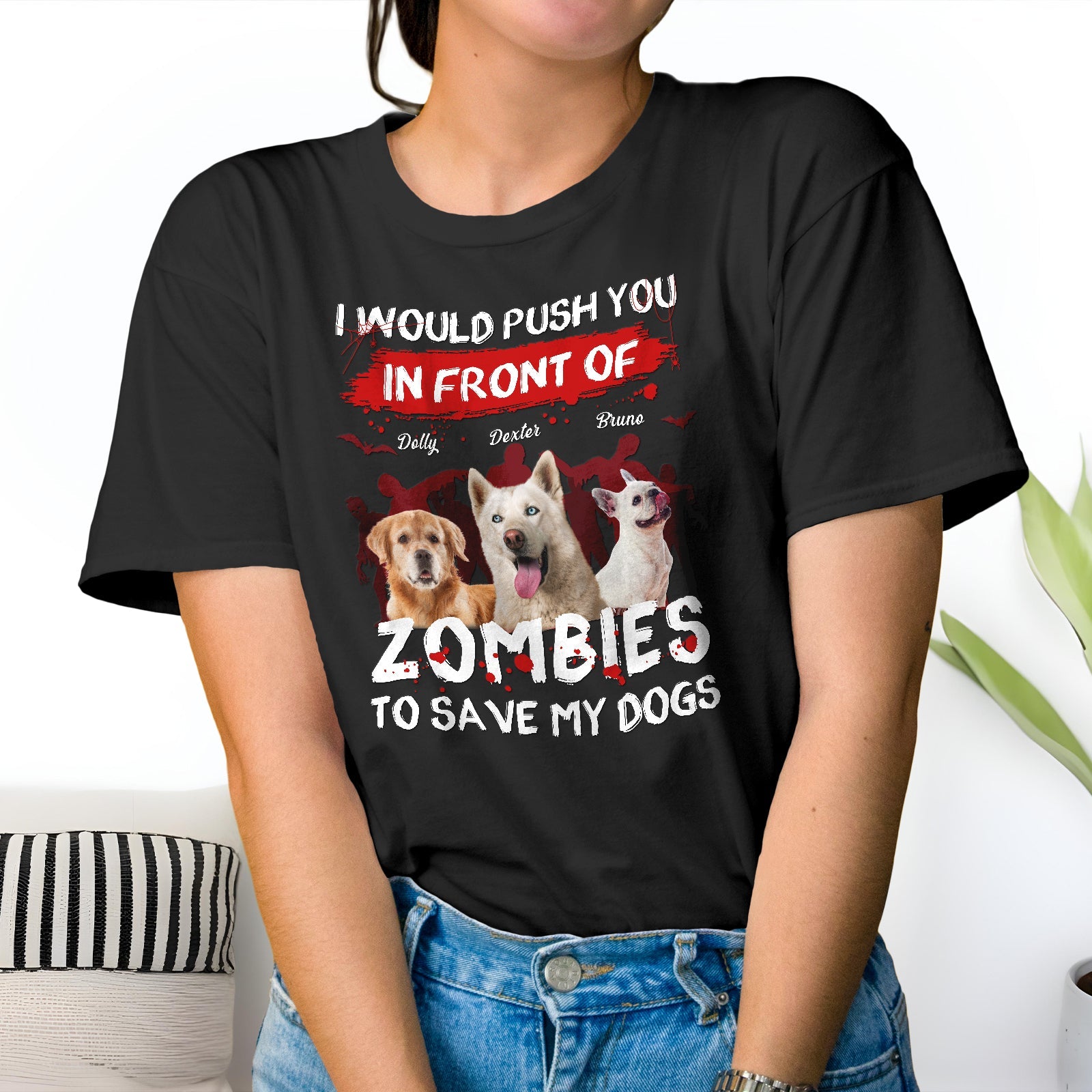 Personalized zombie pet shirt featuring three dogs with the quote about saving pets