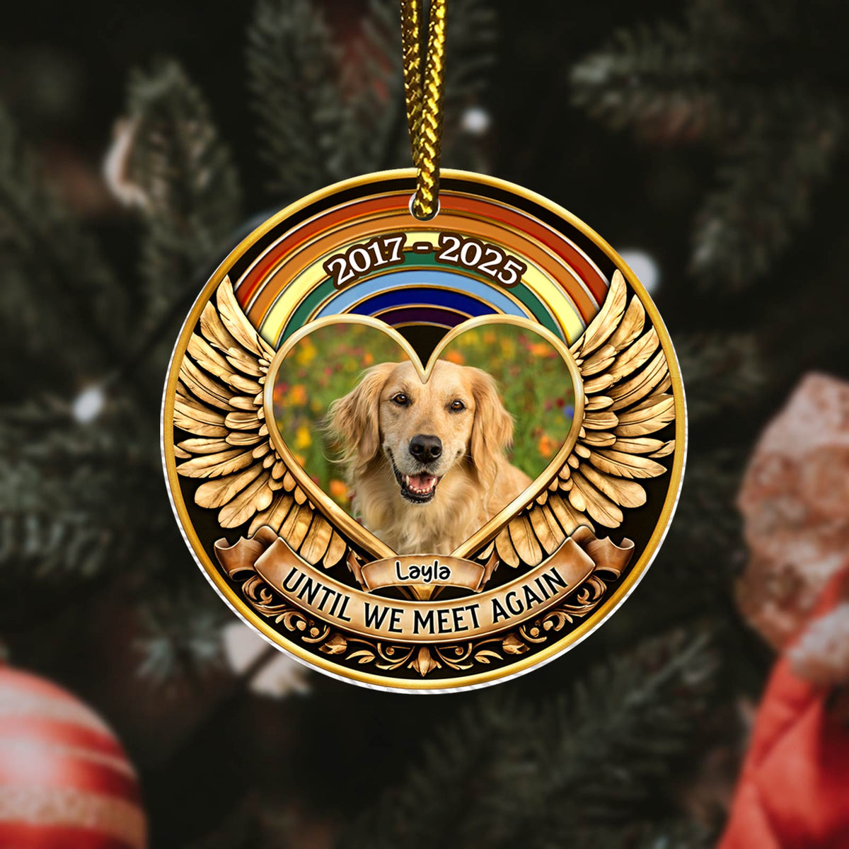 Round gold personalized pet memorial ornament with heart photo of golden retriever wings dates 2017 to 2025
