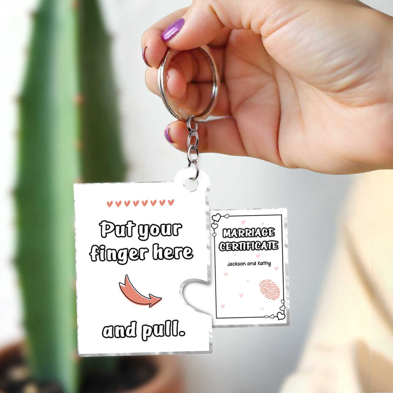 Photo acrylic slider card keychain featuring a marriage certificate design with pull instruction