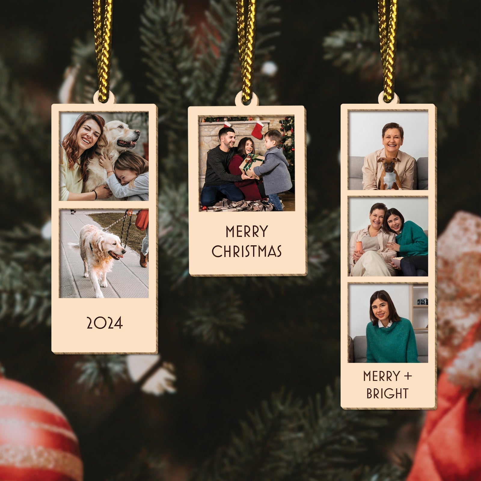 365Gifty personalized Christmas photo ornament with family photos and holiday greetings hanging on tree