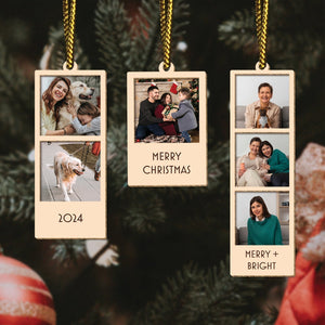 365Gifty personalized Christmas photo ornament with family photos and holiday greetings hanging on tree