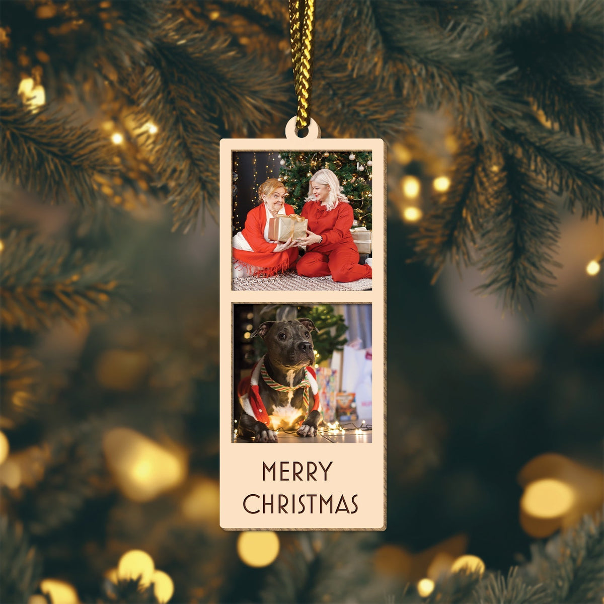 365Gifty personalized Christmas photo ornament with two photo slots and Merry Christmas text hanging on tree