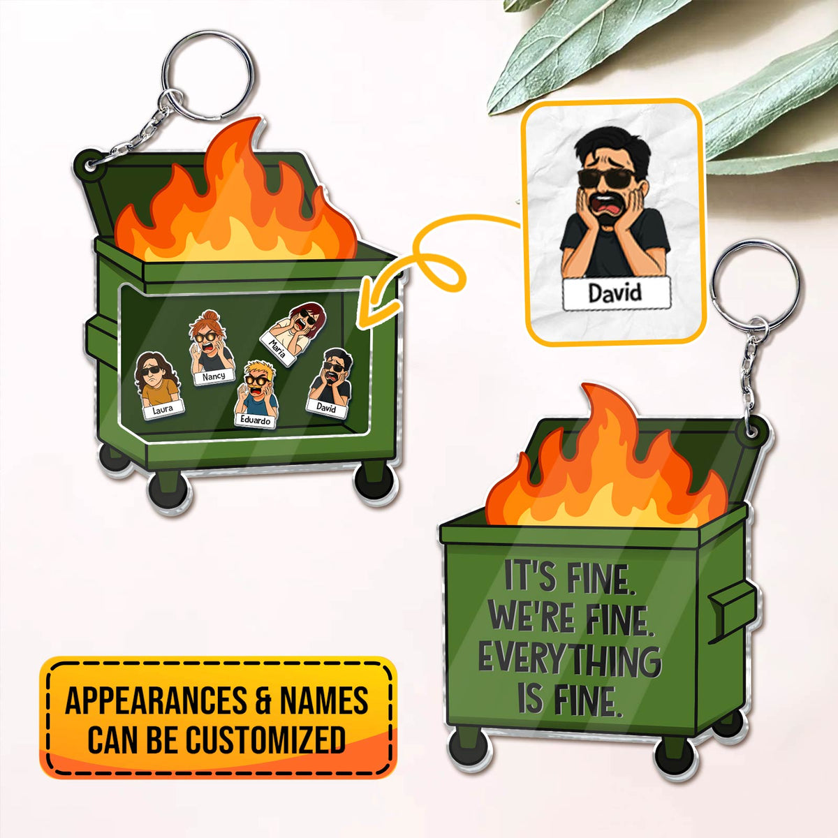 Customizable Shaking Keychain For Coworker featuring a flaming dumpster with personalized cartoon coworkers and names