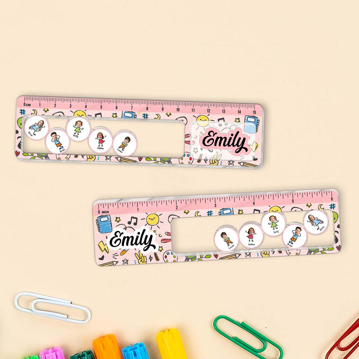 365Gifty Shaking Ruler For Kids with colorful cartoon characters and personalized name Emily on a pink background