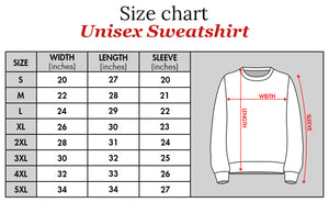 Size chart for 365Gifty unisex sweatshirt showing measurements in width length and sleeve inches