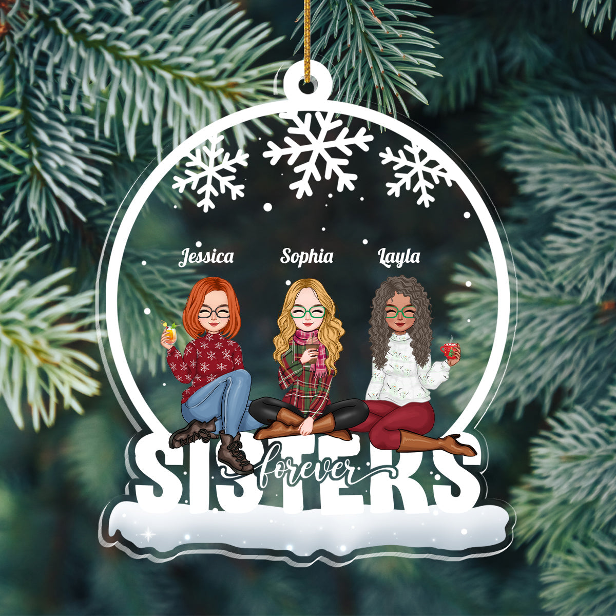 Personalized Christmas Ornament with Three Sisters Named Jessica, Sophia, and Layla Sitting Together