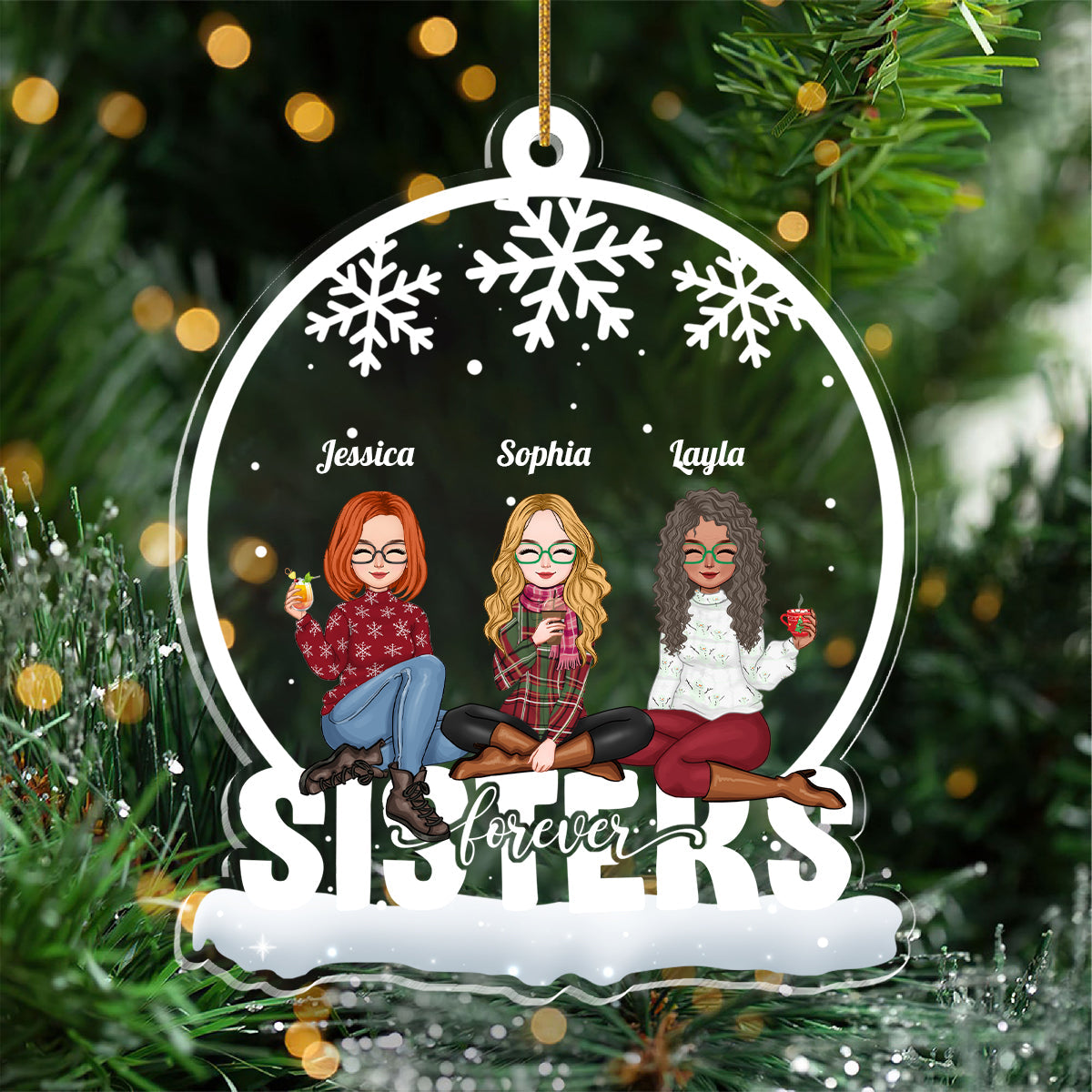 Custom Holiday Ornament with Three Cartoon Sisters Celebrating Together in Cozy Sweaters