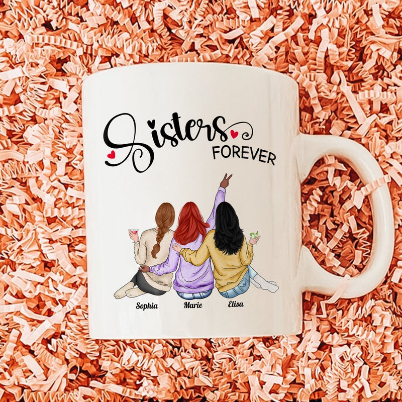 White sisters forever coffee mug with illustration of three women and names Sophia Marie and Elsa