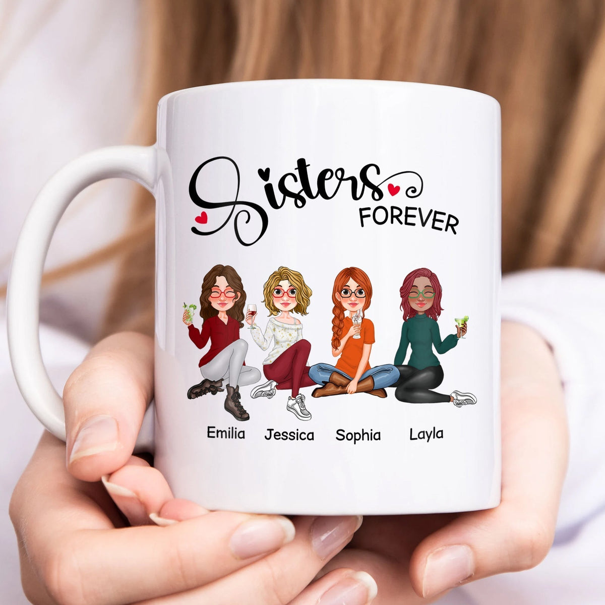 White sisters forever gift mug with cartoon sisters and personalized names Emilia Jessica Sophia Layla