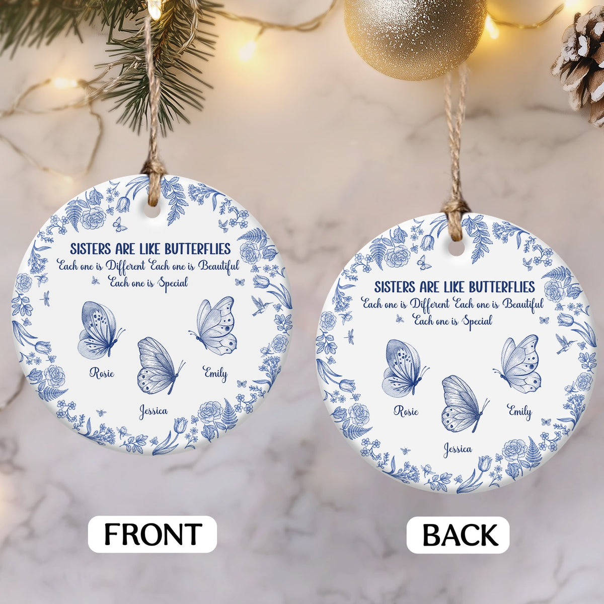 Blue floral round ceramic personalized sister ornament showing three butterflies labeled Rosie Emily Jessica