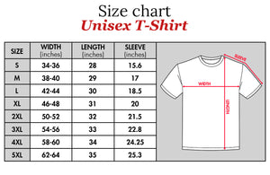 Size chart for unisex t-shirt showing width length and sleeve measurements for sizes S to 5XL