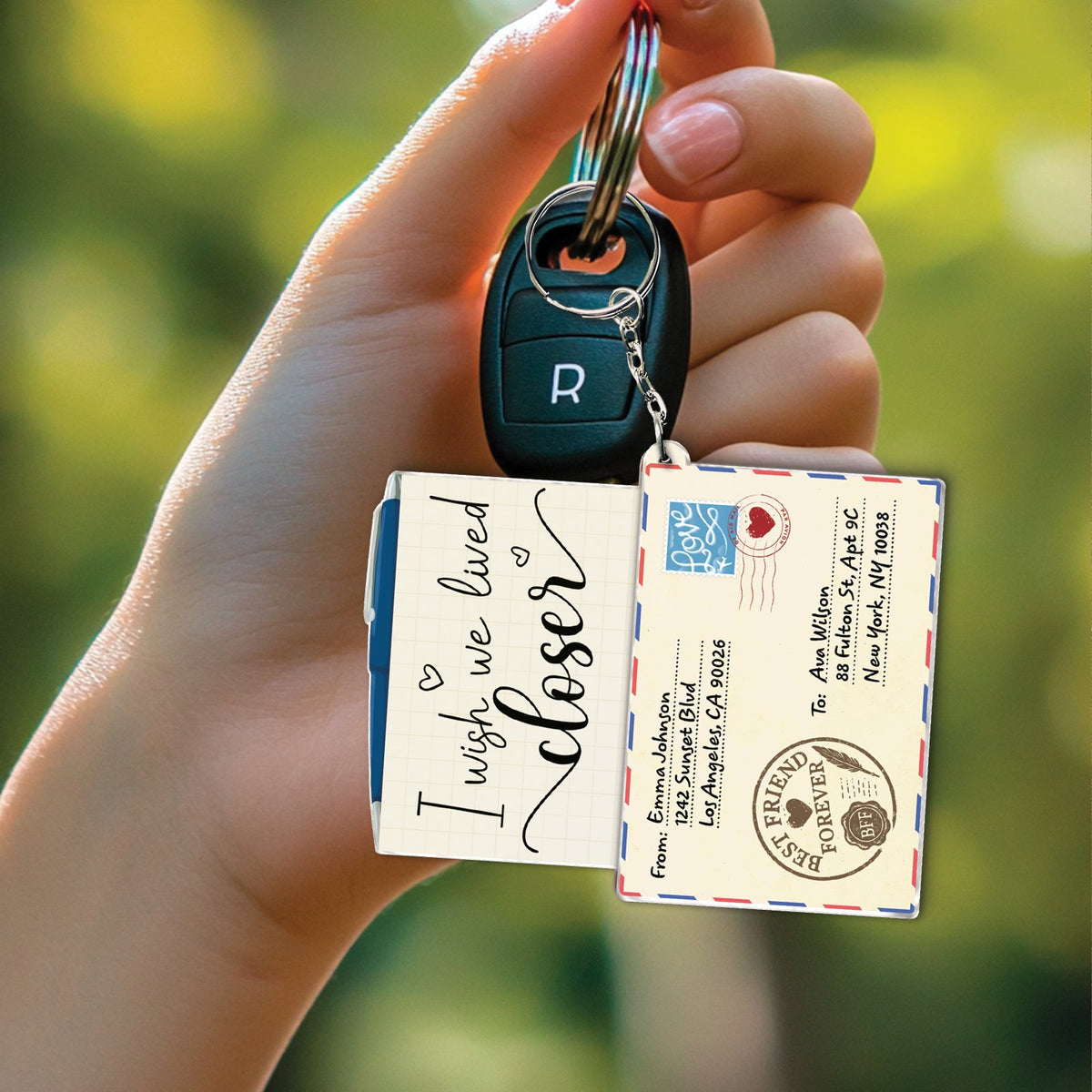 Slider Card Keychain For Bestie with a handwritten note design and vintage postcard style attached to car keys