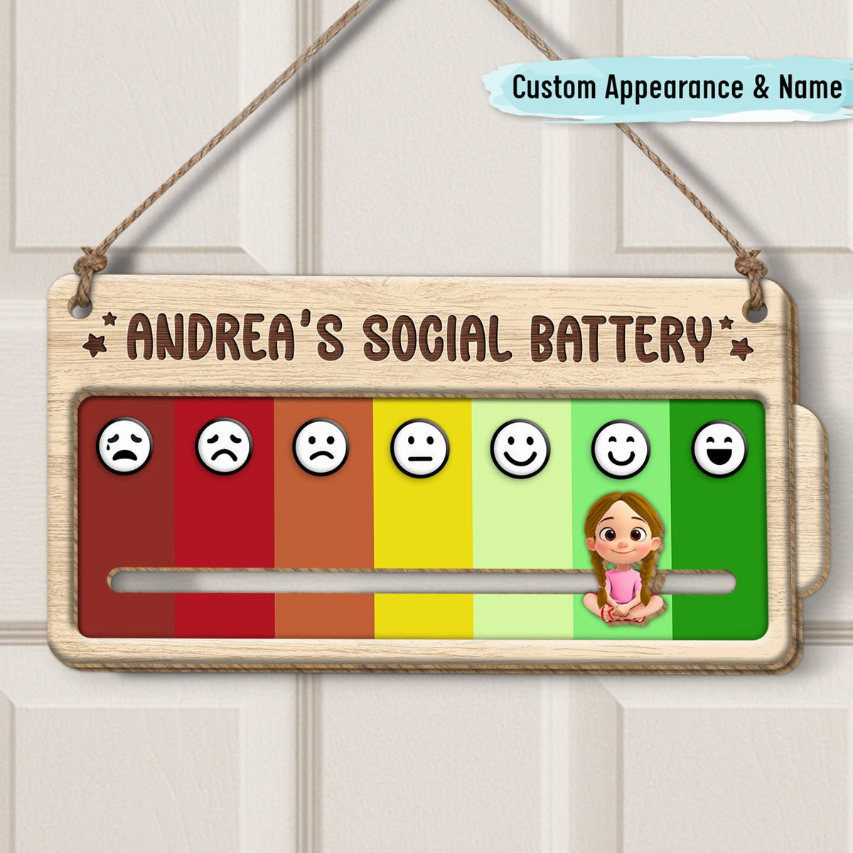 Wooden personalized door sign social battery meter with sliding indicator and colorful mood bars and emoji faces