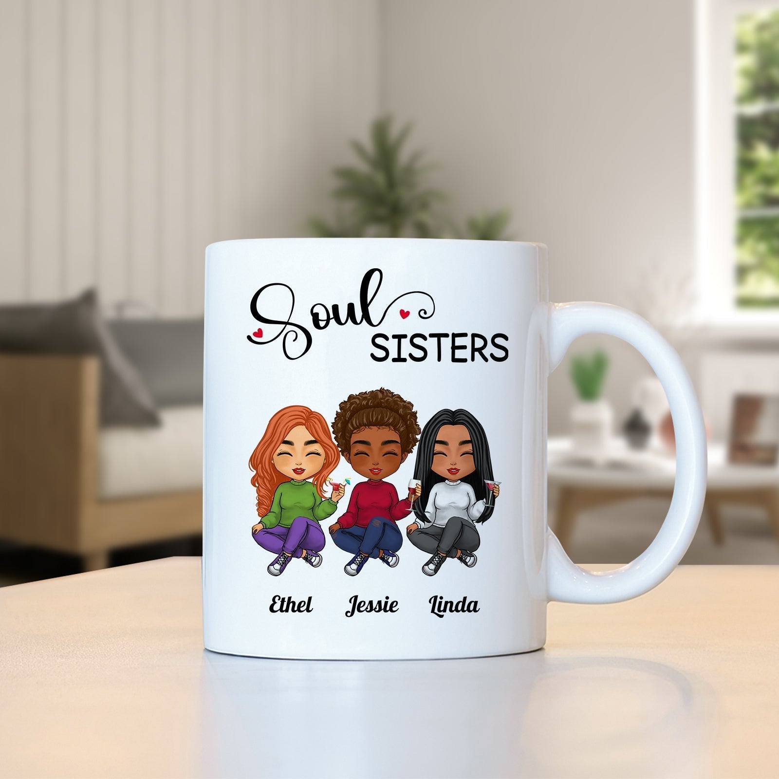 Soul Sisters Gift for Her Coffee Mug featuring Diverse Characters Ethel, Jessie, and Linda