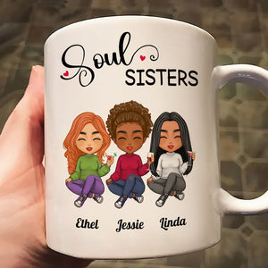 Personalized Soul Sisters Gift for Her Mug featuring Ethel, Jessie, and Linda in colorful outfits
