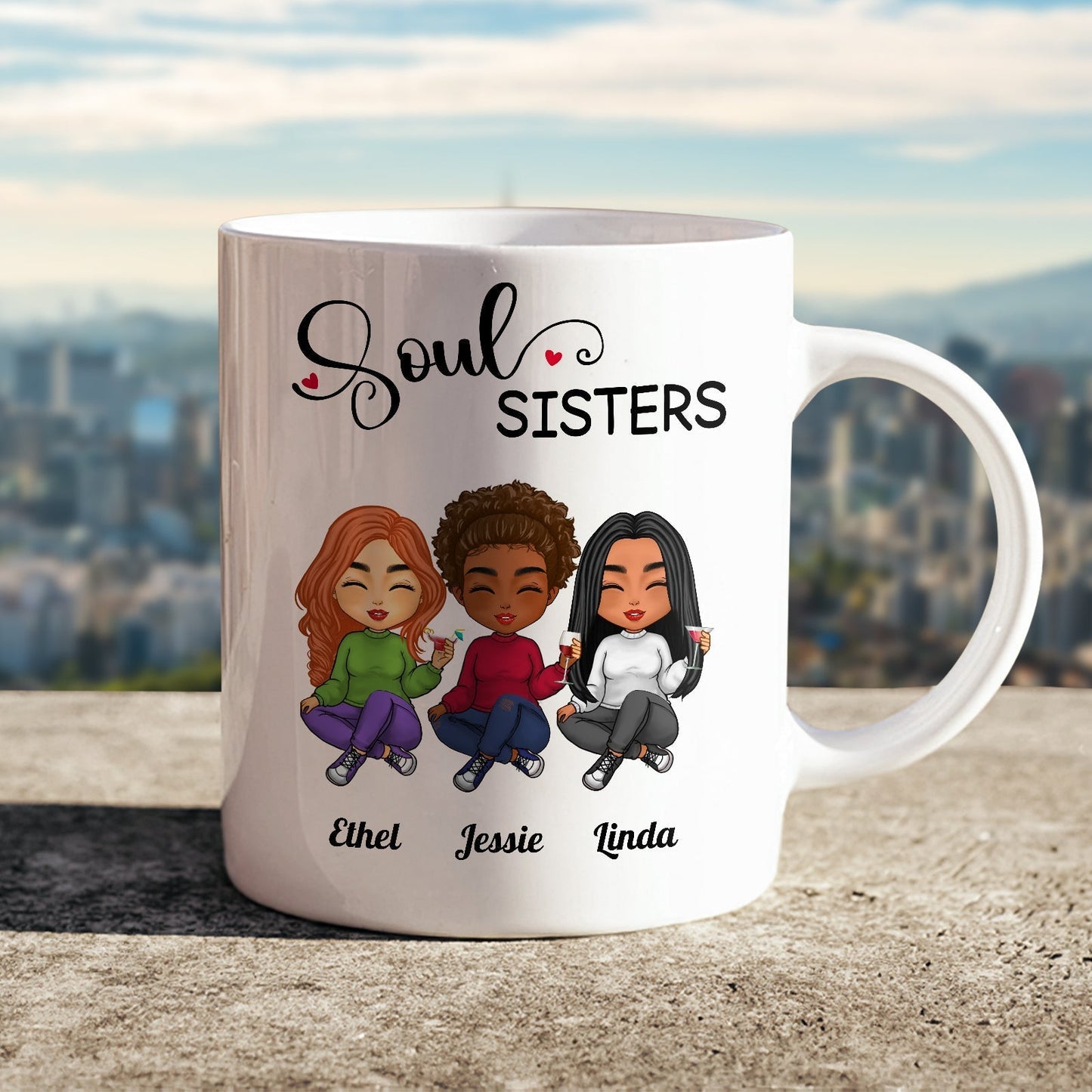 Personalized Soul Sisters Gift for Her Mug featuring Ethel, Jessie, and Linda cartoon characters