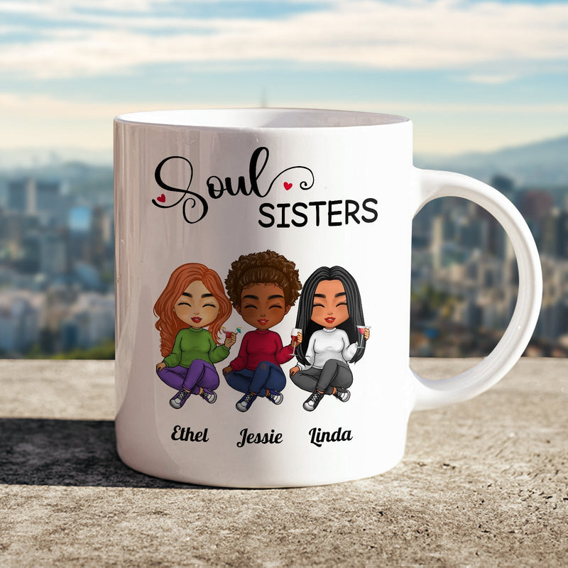 Personalized Soul Sisters Gift for Her Mug featuring Ethel, Jessie, and Linda cartoon characters