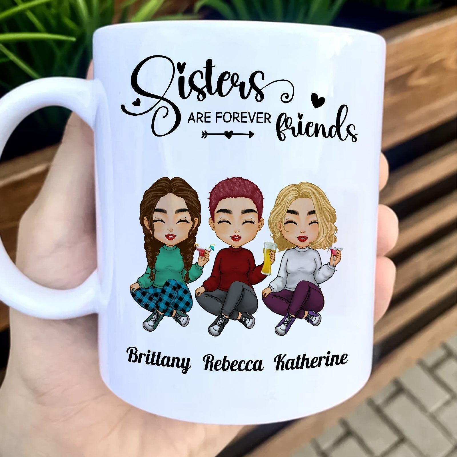 Custom mug featuring three animated friends with the phrase 'Sisters Are Forever Friends' - soul sisters gift for her