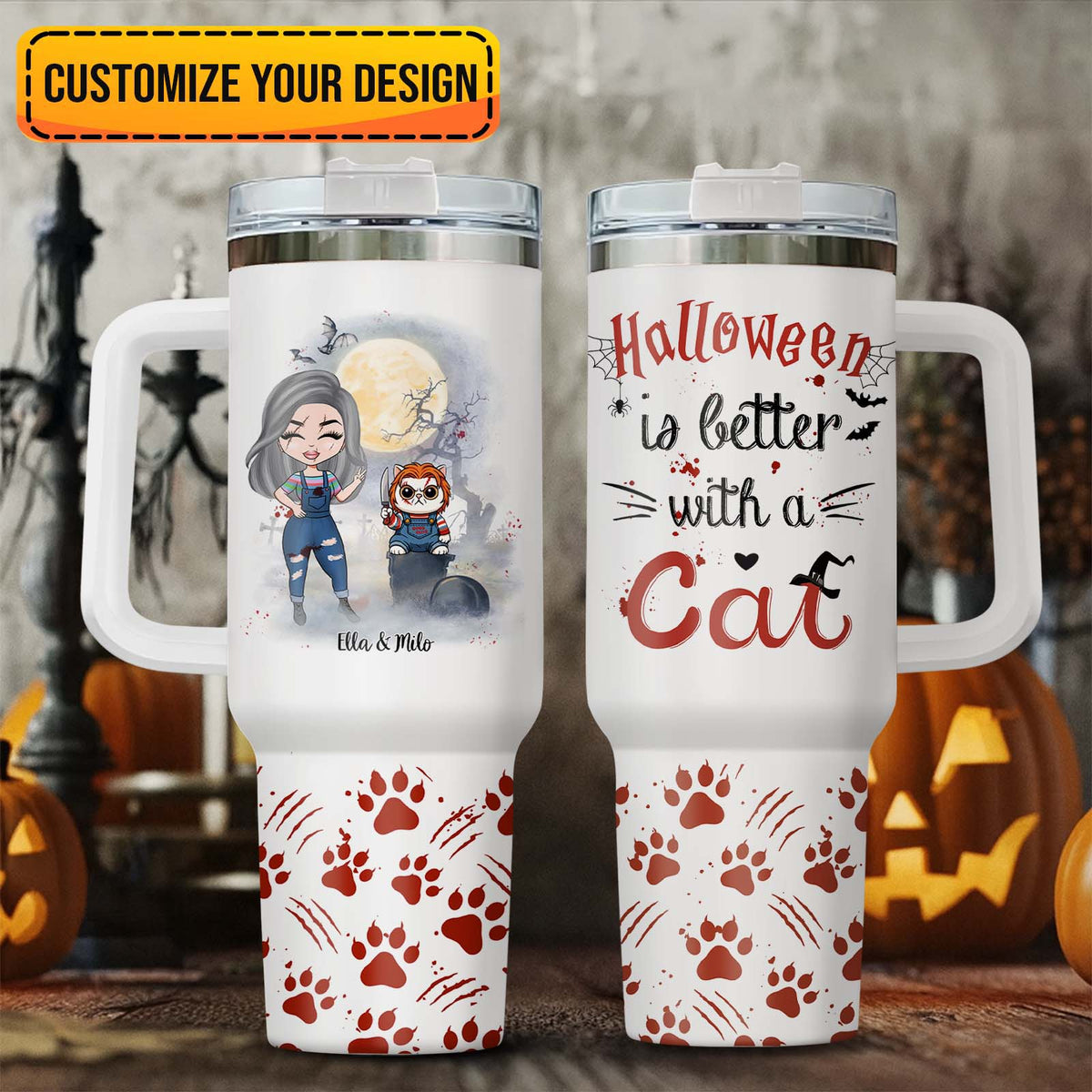 White ceramic mug with blue butterfly sisters design and custom names Sarah Linda Sophia personalized Halloween tumbler