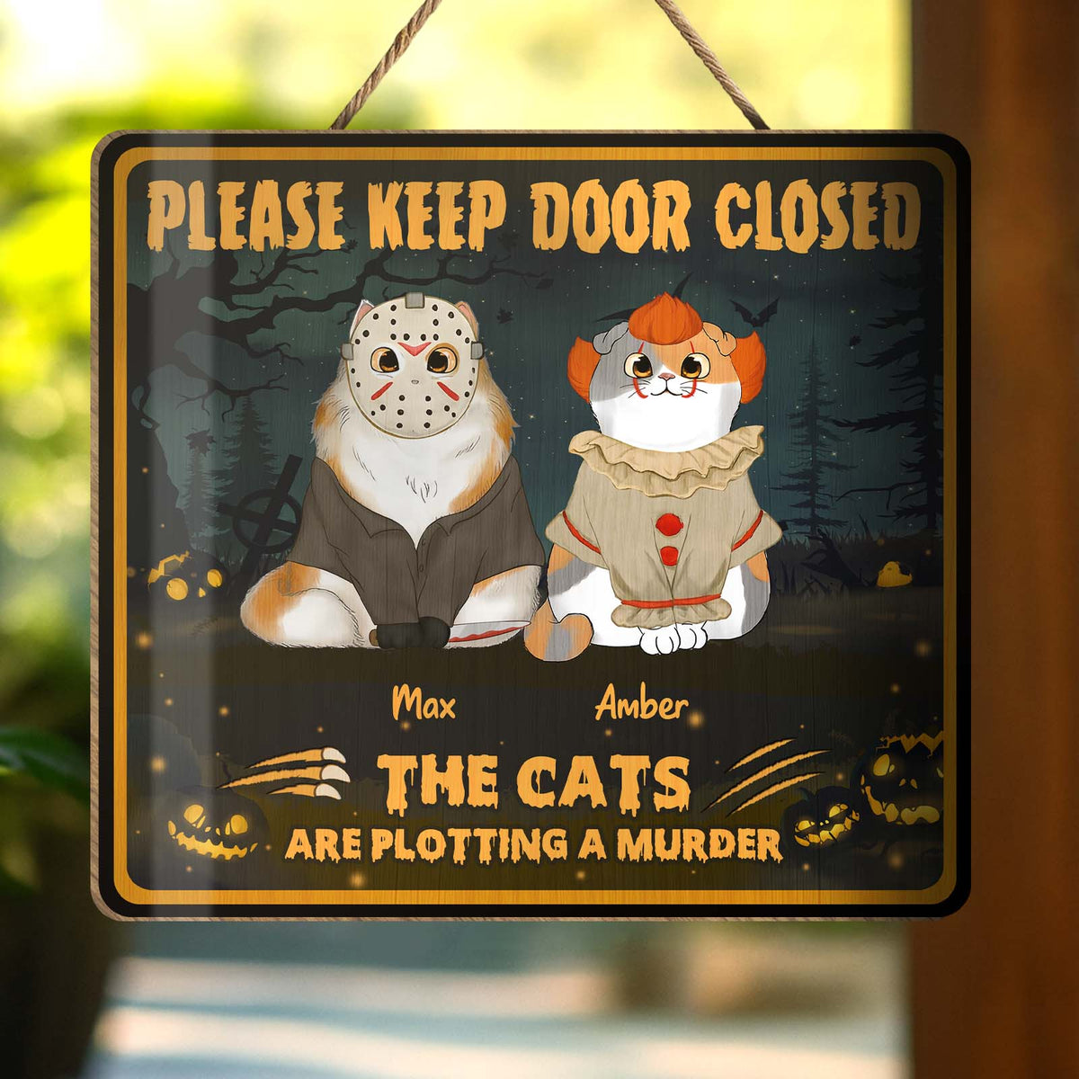 Round wooden personalized cat door sign featuring Halloween skeleton family plaque with custom names and witty warning