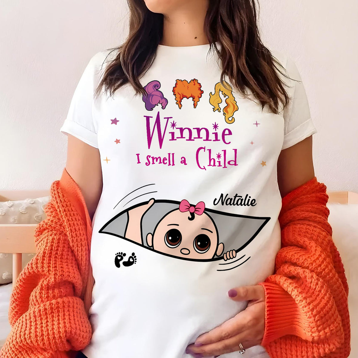 White personalized Halloween shirt maternity tee with Winnie I smell a Child baby peeking and name Natalie