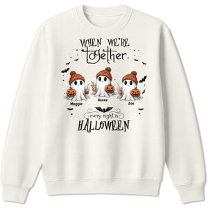personalized Halloween ghost shirt white sweatshirt with three ghosts in orange knit hats holding jack o lanterns and names