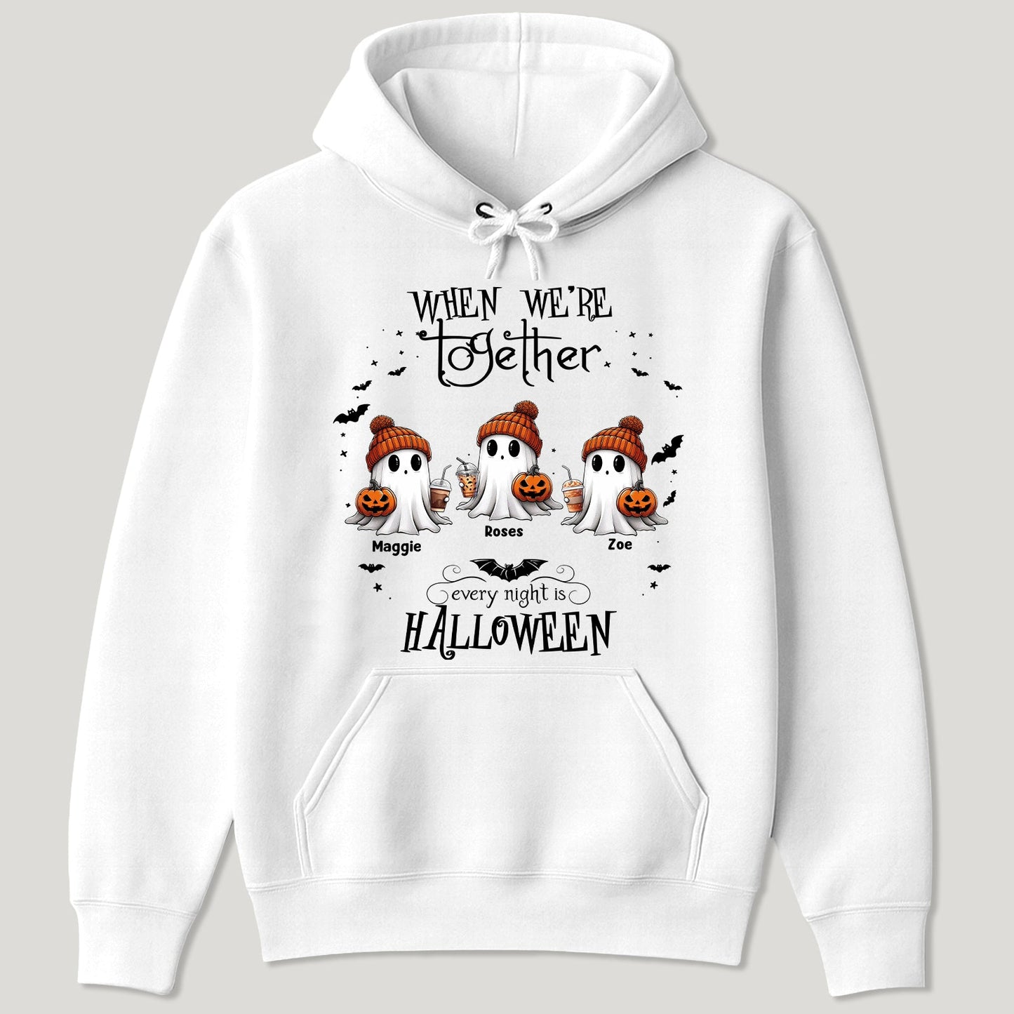 White hoodie featuring personalized Halloween ghost shirt design with three named ghosts in orange hats holding pumpkins