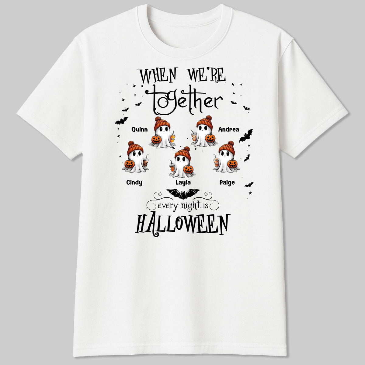 White personalized Halloween ghost shirt with six beanie ghosts holding pumpkins and customizable names