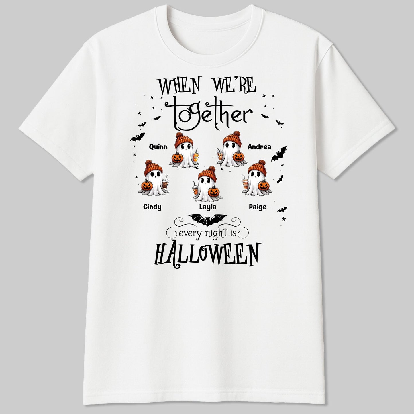 White personalized Halloween ghost shirt with six beanie ghosts holding pumpkins and customizable names