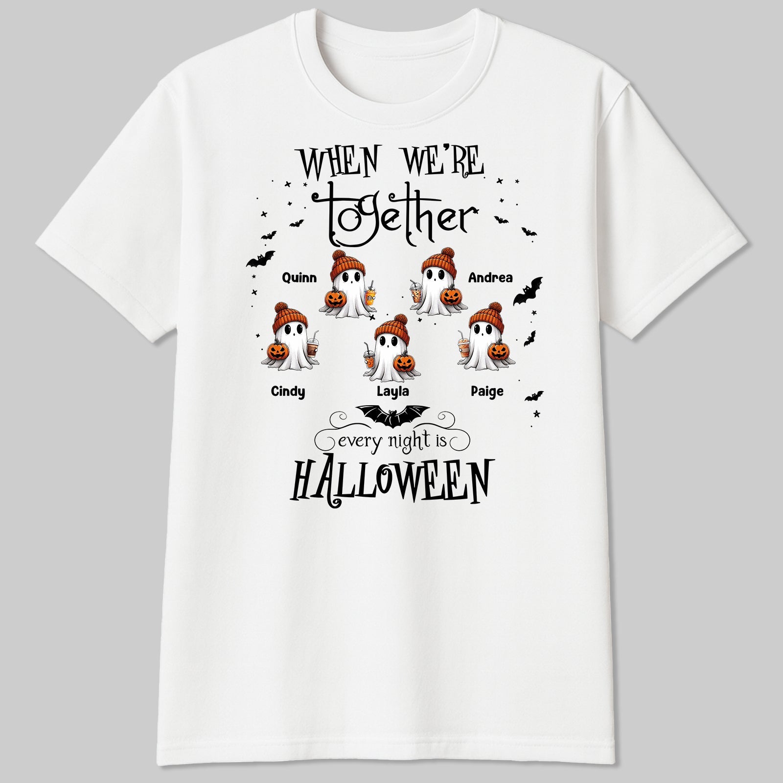 White personalized Halloween ghost shirt with six beanie ghosts holding pumpkins and customizable names