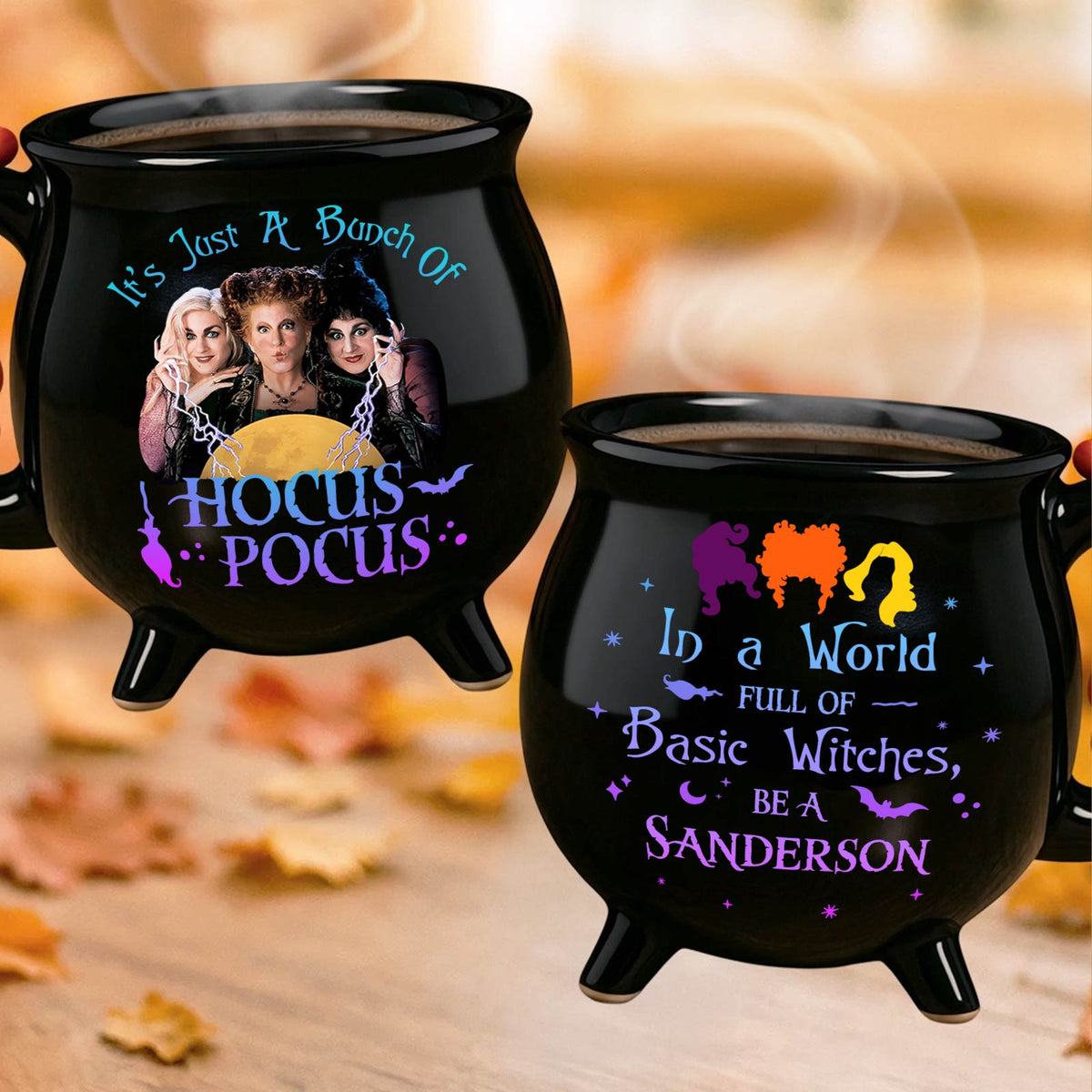 Hocus Pocus Halloween cauldron mug set of two black cauldron mugs with Sanderson sisters art and witty quotes