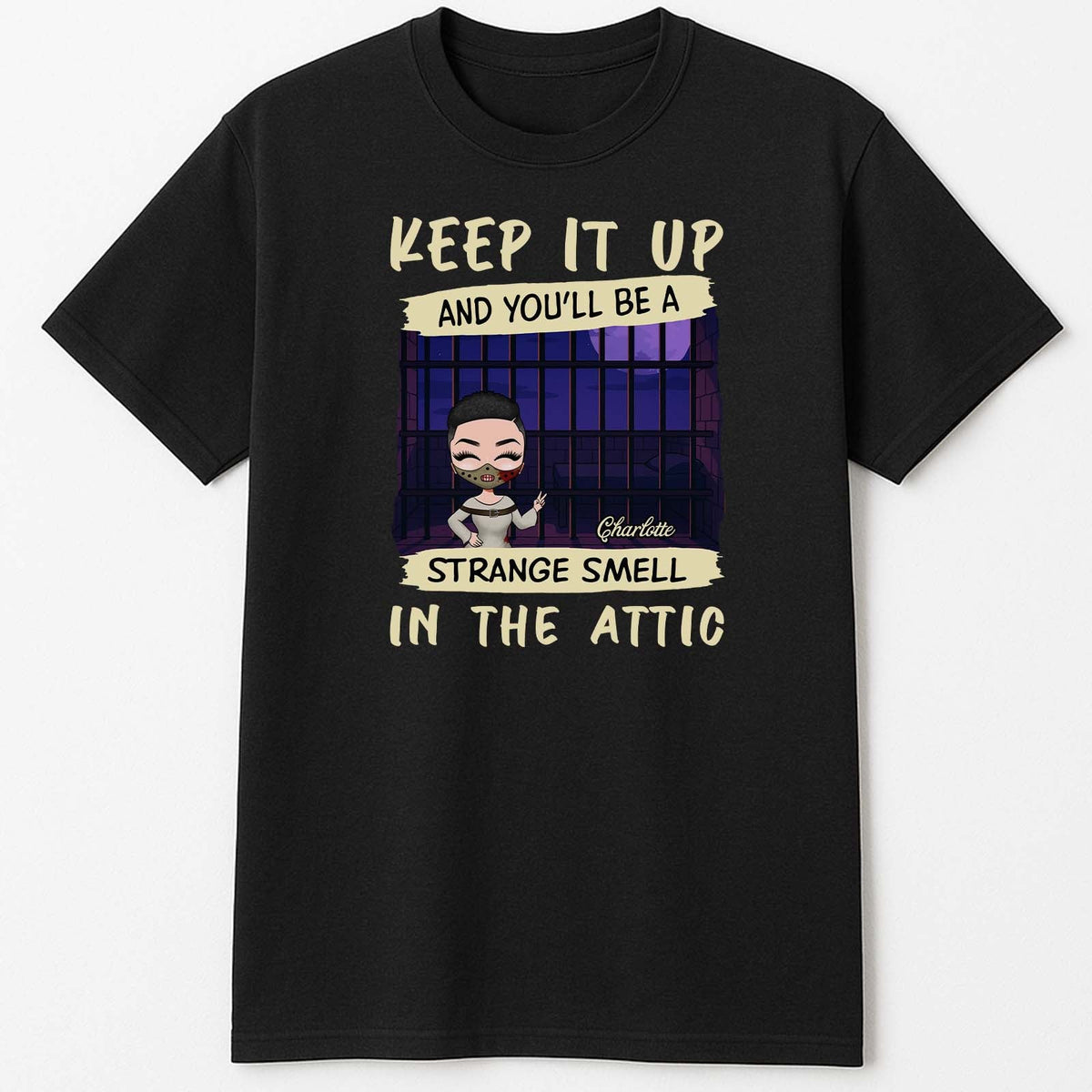 Black personalized funny Halloween shirt with cartoon woman by attic window and Keep It Up Strange Smell text