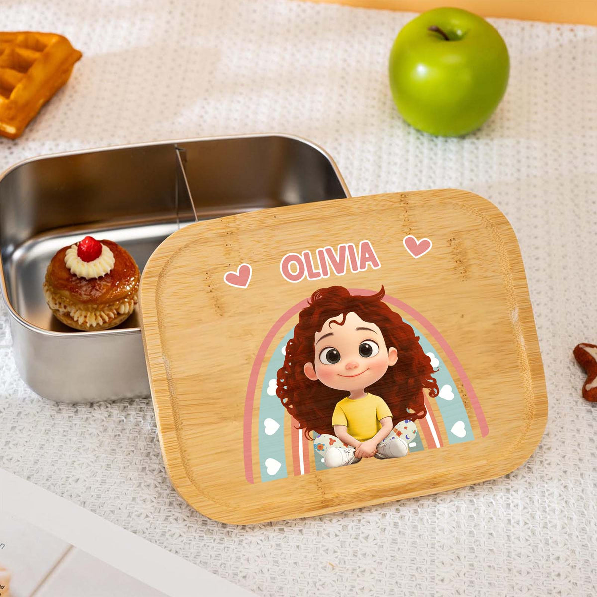 365Gifty personalized Lunch Box for Kids with wooden lid featuring cartoon girl and name Olivia