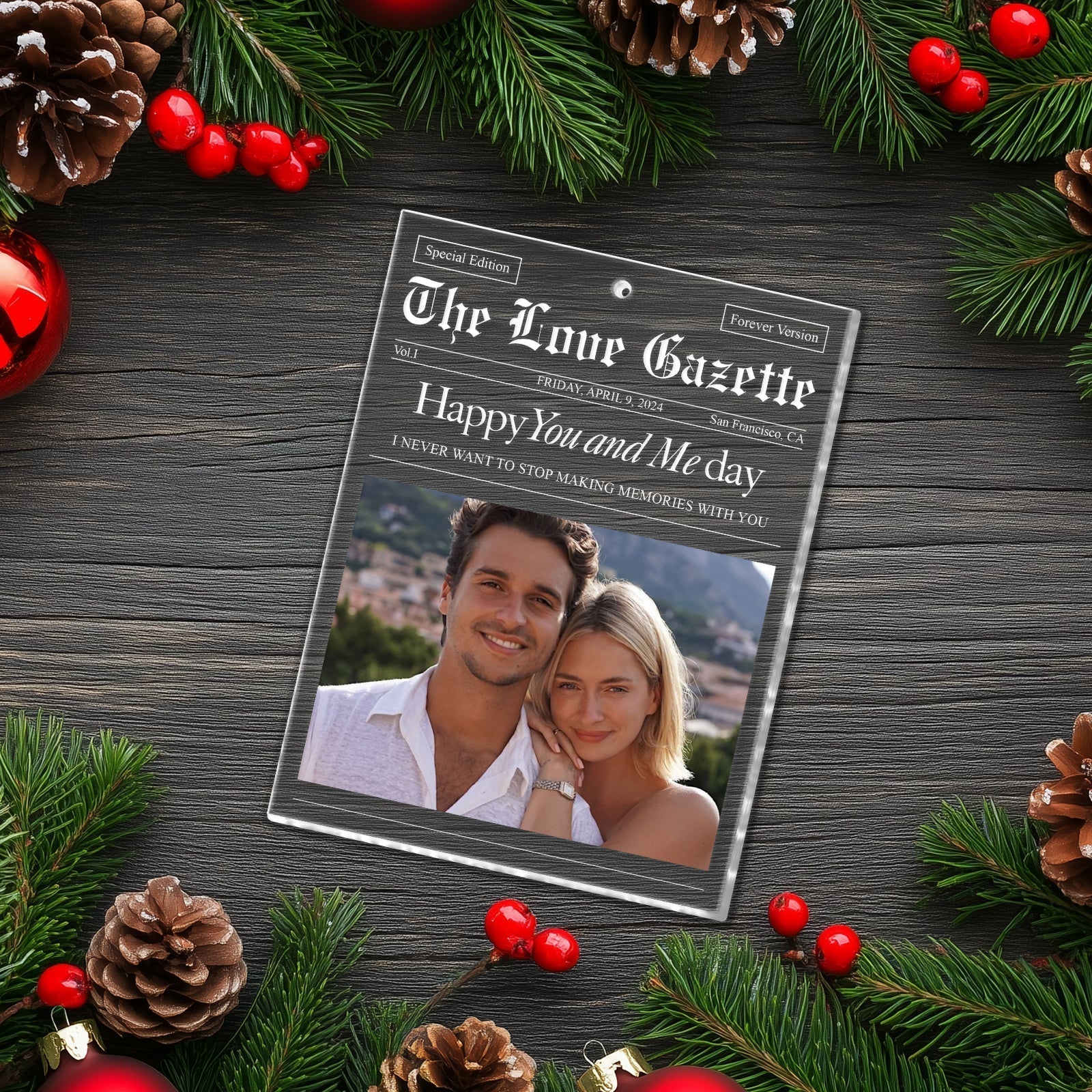 365Gifty personalized couple photo ornament styled as a newspaper on festive wood background