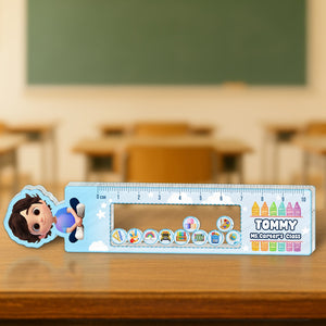 365Gifty Shaking Ruler For Kids featuring a blue cartoon character design with colorful icons and measurement scale